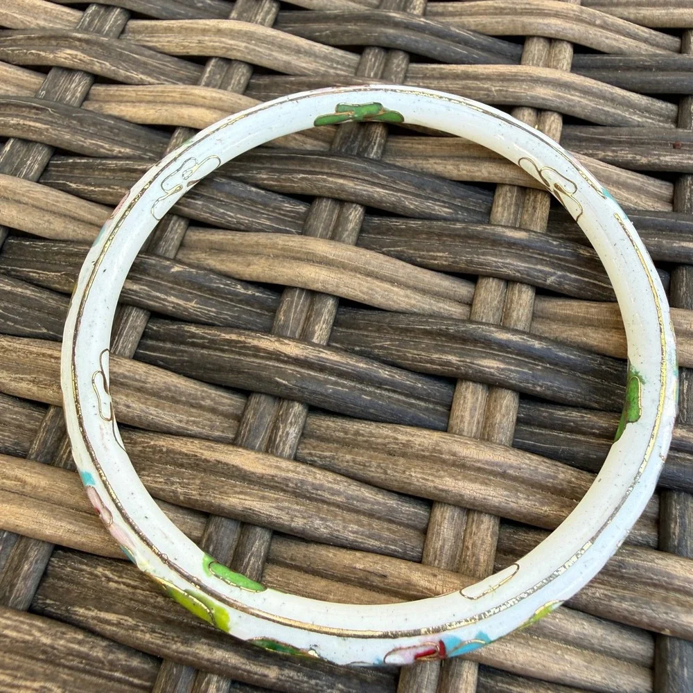 Vintage Cloisonne Bangle Bracelets Set of 3 Floral Enamel Green Black White